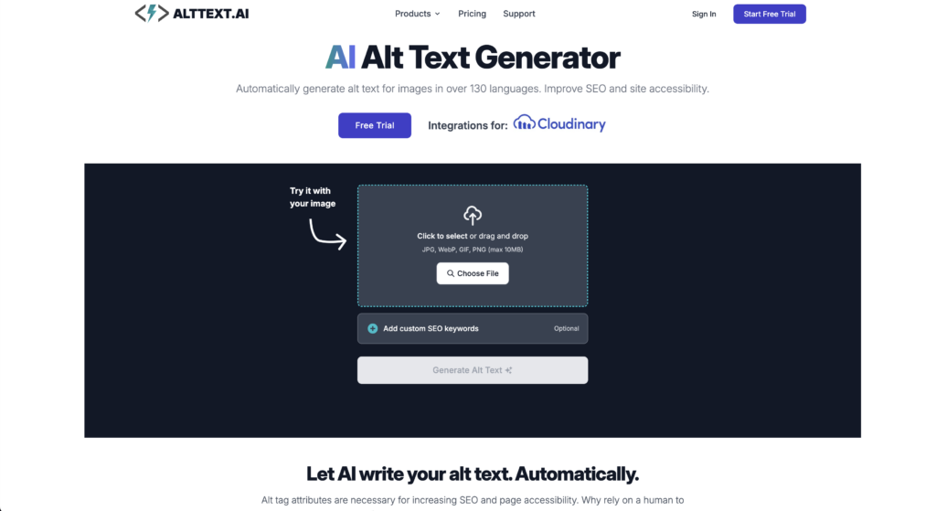 a landing page for alttext.ai. An AI tool that automatically generates alt text for images